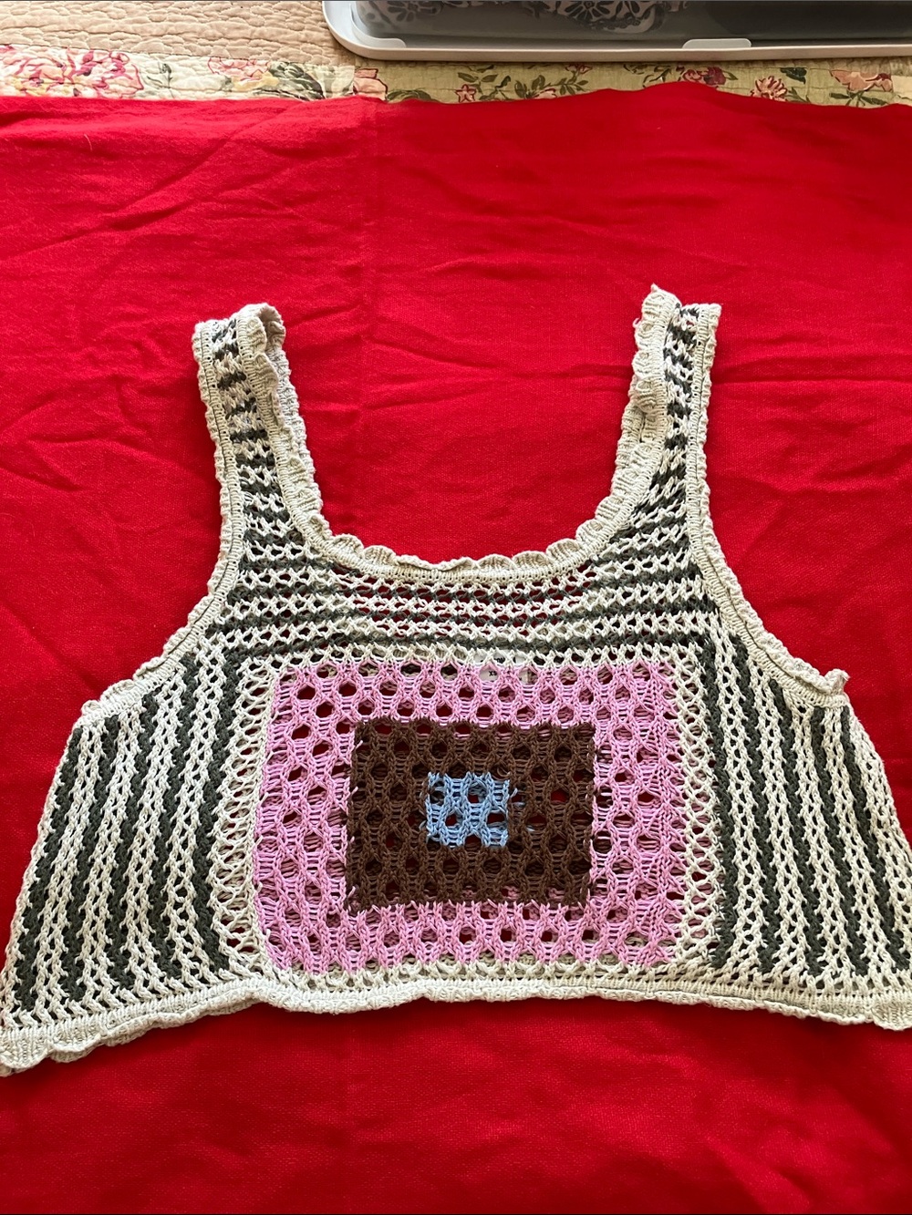 Cotton On Crocheted Tank Top in Pink, Brown & Cream